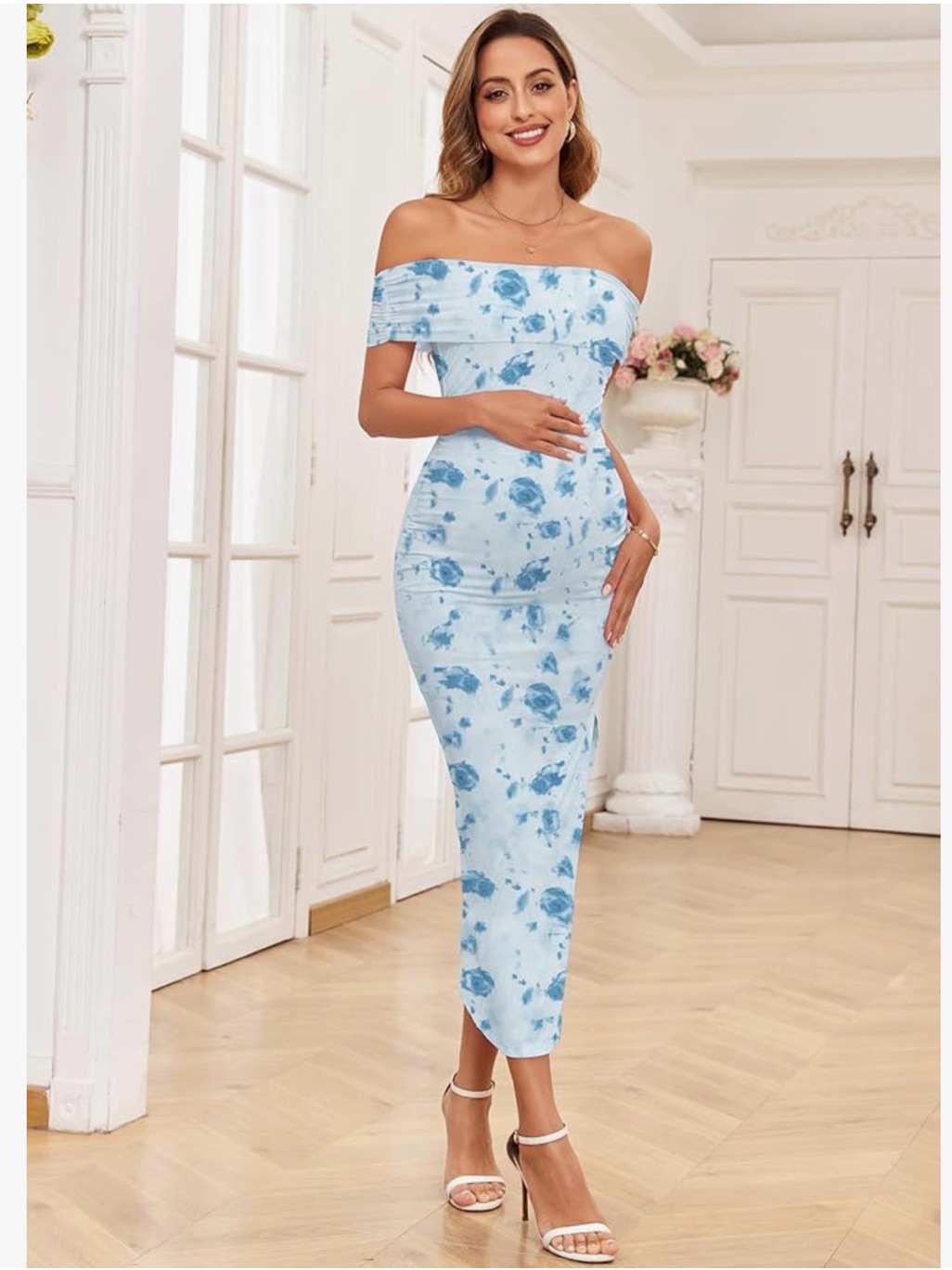 Off-Shoulder Blue Floral Maternity Dress - Size S